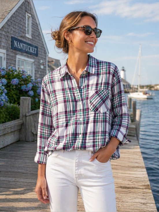 Tops - Crown & Ivy, size large, blue, green, pink plaid long sleeve shirt